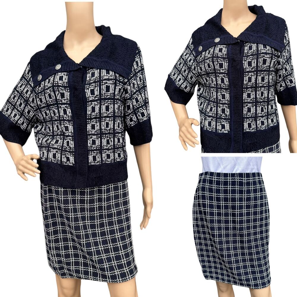 St. John Collection Knit Suit M/6 Navy White Skirt Set Geometric Resort 2011
